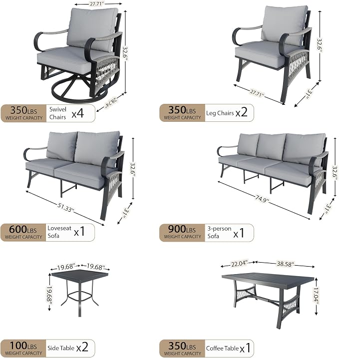 11-Piece Patio Conversation Sets, All Weather Metal Outdoor Furniture Set Includes 3-Seater 4 Swivel Rockers with 2 Side Tables 1 Loveseat with Coffee Table 2 Single Chairs for Backyard Porch, Gray