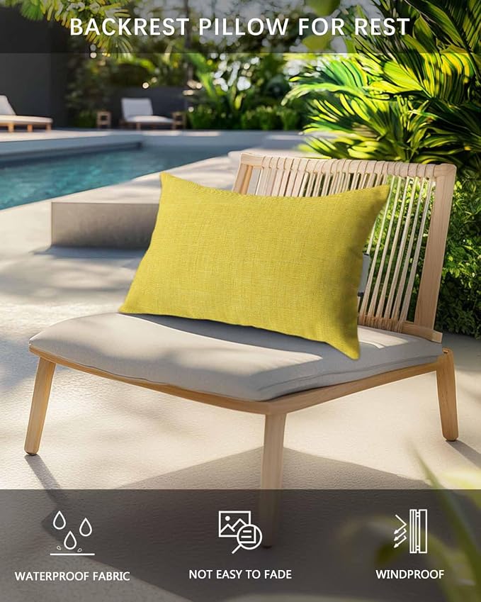 Outdoor Pillow for Chaise Lounge Chair Yellow Rustic Vintage Burlap Texture Outdoor Pillows Waterproof with Adjustable Strap Headrest Lumbar Pillows for Garden Patio Furniture 2 Pack 12" x 20"