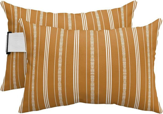 Outdoor Lumbar Pillows 11x16 Set of 2, Boho Burnt Orange Waterproof Throw Pillow Covers with Insert, Minimalist Farmhouse Striped Decorative Pillowcase Cushion for Couch Sofa Bed