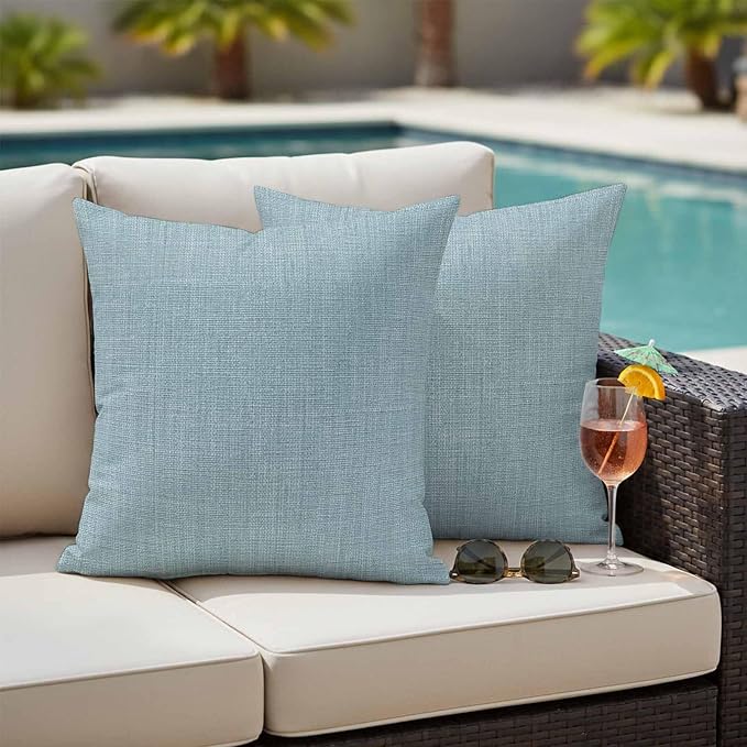 Outdoor Waterproof Throw Pillow Covers Set of 2 Blue Linen Pillowcases 16x16 Inches Farmhouse Pure Color Decorative Pillows Cushion Case Patio Pillows for Couch Bed Chair Garden
