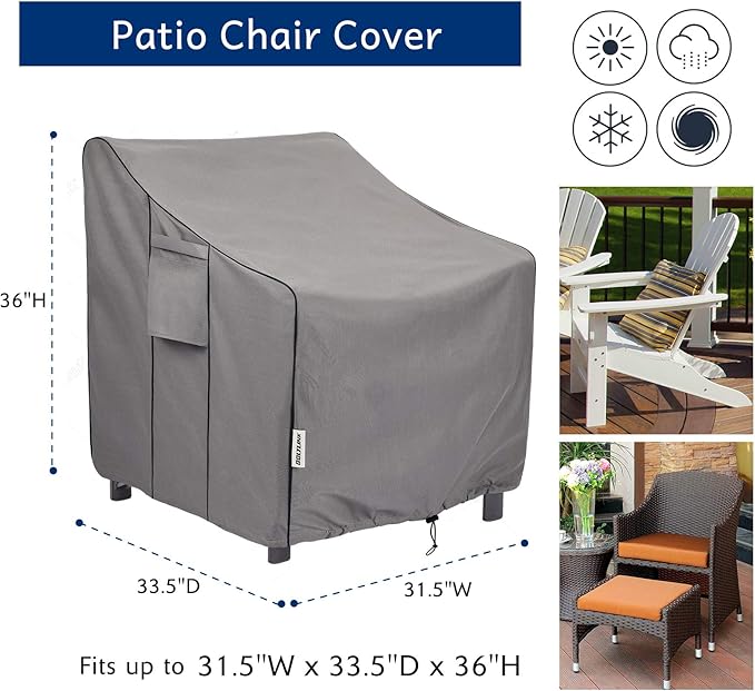 Patio Chair Covers Waterproof, Heavy Duty Outdoor Furniture Covers Fits up to 31.5W x 33.5D x 36H inches -2 Pack Grey