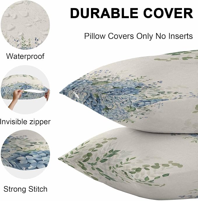 Hydrangea Flower Outdoor Throw Pillow Covers Waterproof Eucalyptus Pillow Cases 16x16in,Green Leaf Retro Linen Decorative Boho Pillow Covers Cushion Cases for Couch Sofa Patio Garden 2 Pack