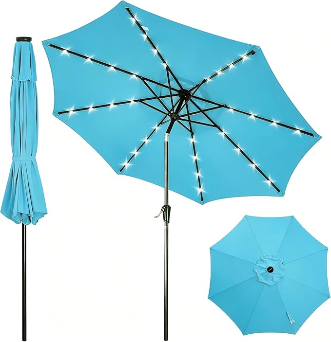 Garvee 10FT Patio Umbrella with 32 Solar LED Lights, Outdoor Table Market Umbrella with Tilt and Crank, 8 Sturdy Iron Ribs Sun Shade for Garden, Deck, Backyard and Pool, Turquoise Blue