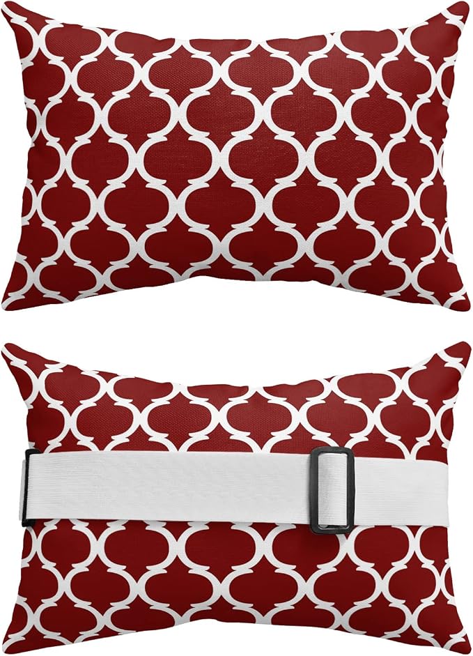 Outdoor Pillows Covers with Inserts Mid Century Art Geometric Morocco Stripes Wine Red Waterproof Pillow with Adjustable Strap Throw Pillows for Patio Furniture Recliner Lounge Chair, 11x16 inch, 2PCS