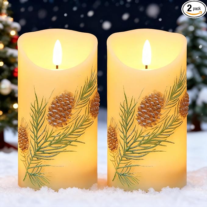 Pinecone LED Candles with 6H Timer, flameless Candles with Flickering Flame, Waxy Pillar 2 Pack Flickering Acorn Decor Woodsy for Fall Christmas Decor (3 inches x 5.7 inches)