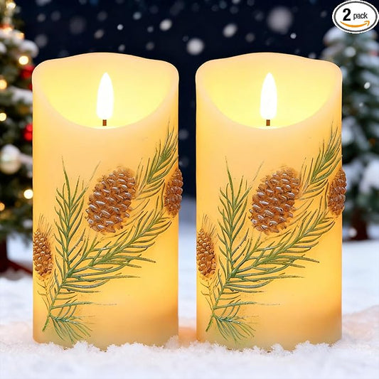 Pinecone LED Candles with 6H Timer, flameless Candles with Flickering Flame, Waxy Pillar 2 Pack Flickering Acorn Decor Woodsy for Fall Christmas Decor (3 inches x 5.7 inches)