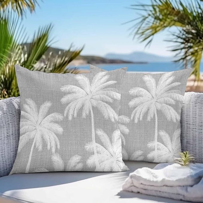 Outdoor Pillow Covers 20x20 Inch Set of 2, Grey Palm Trees Waterproof Throw Pillow Covers, Farmhouse Tropical Summer Beach Decorative Cushion Pillowcases for Couch, Sofa, Bed, Garden, Patio