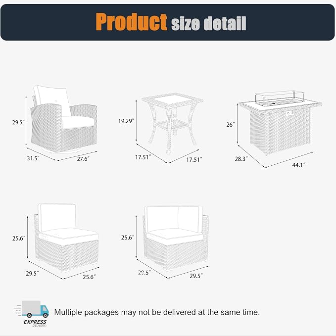 Patio Furniture Set with Fire Pit Table, 13 Pieces Outdoor All-Weather Wicker Conversation Sectional Chair Sofa Set with 4 Swivel Chairs