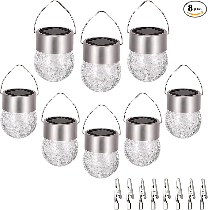 SUNWIND Hanging Solar Ball Lights Outdoor - 8 Pack Cracked Glass Decorative Garden Lights Waterproof Solar Lanterns for Yard, Patio, Fence, Tree, or Holiday Decoration(White)