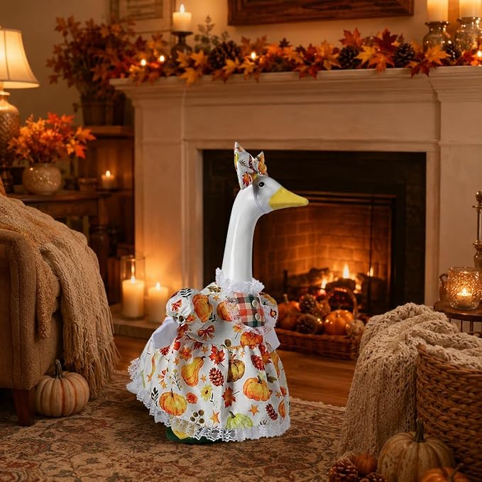 STONESTAR Fall Porch Goose Outfits Autumn Goose Clothes with Pumpkin Dress Bow Headband, Fits 23 Inch Cement Plastic Geese Statues, Thanksgiving Goose Costume for Yard Patio Lawn Outdoor Decor