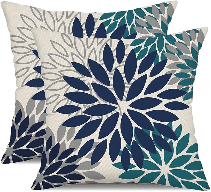 DFXSZ Outdoor Waterproof Pillow Covers 20x20 Set of 2 NavyBlue Green Flower | Spring Summer Waterproof Flower Throw Pillowcases（No Inserts）Outdoor Decor for Patio Funiture Garden Polyester Covers