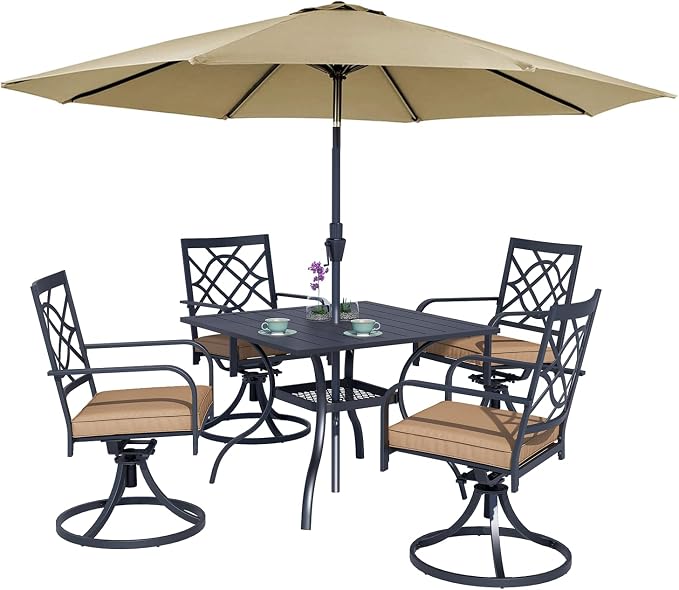 Crownland 5 Piece Patio Dining Set, 4 Swivel Metal Chairs and Square Outdoor Dining Table with Khaki 9FT Round Outdoor Umbrella (Metal Tabletop)