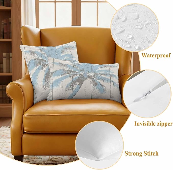 Palm Trees Outdoor Waterproof Throw Pillow Covers Set of 2, 20"x12", Light Blue Vintage Wood Grain Decorative Pillow Covers Outside Cushion Case for Patio Porch Garden