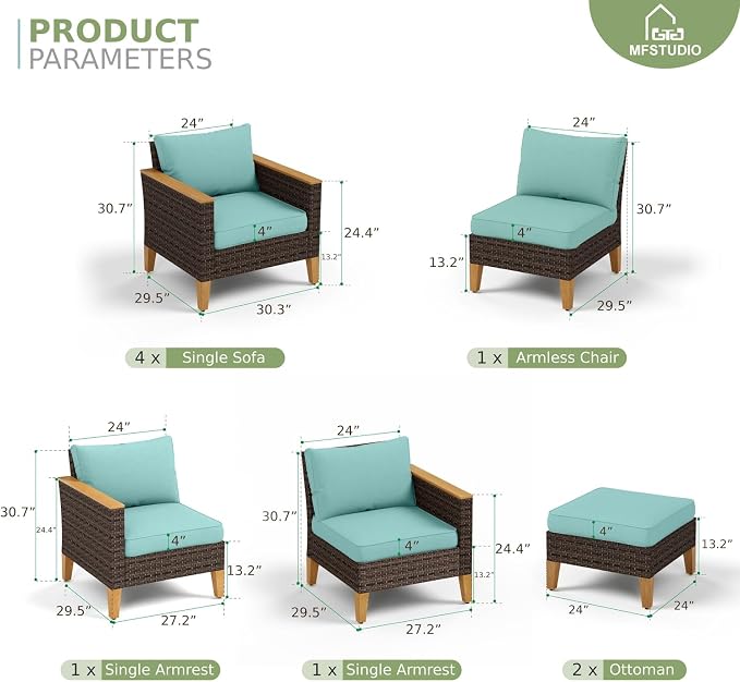 MFSTUDIO 9 Seat Wicker Patio Furniture Set, All-Weather Extra Large Rattan Patio Conversation Set, 4 x Armrest Chair, 3-Seat Sofa, 2 x Ottoman, Outdoor Sectional Sofa for Backyard(Aqua Blue Cushions)