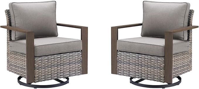 2PCS Outdoor Swivel Patio Chairs Set, All-Weather Wicker Swivel Rocker Chairs with High Back and Deep Seat, Patio Seating for Porch, Deck, Backyard and Poolside Grey/Grey Cushions