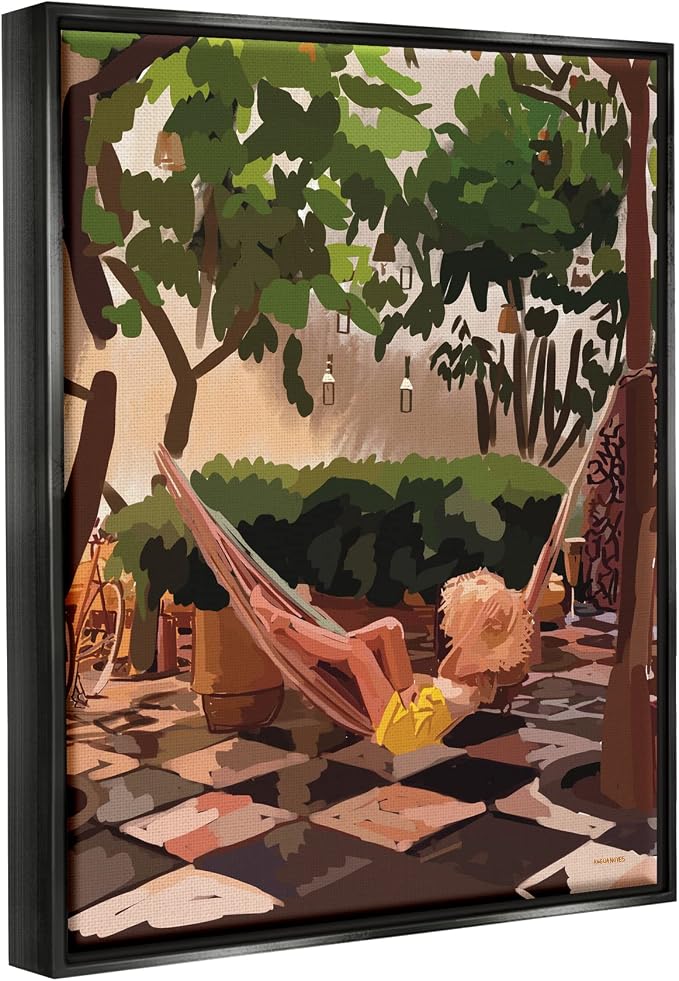 'Woman Lounging Hammock Tropical Summer'| Floating Frame Canvas Art | Stupell Industries | Black, 25 x 31 Inches, Easy to Hang and Sturdy, Made in USA, by Amelia Noyes