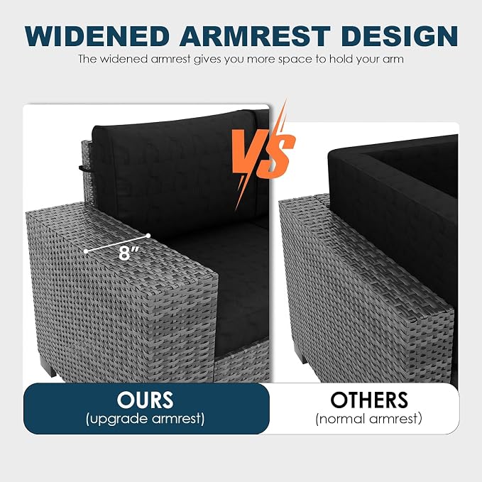 13 Piece Patio Furniture Set with Fire Pit Table, Outdoor Sectional Conversation Sets Grey Wicker Rattan Sectional Sofa for Patio Garden Backyard, 4'' Thickened Cushion Black