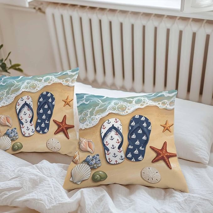 Blue Beige Seaside Outdoor Waterproof Throw Pillow Covers 26x26 Set of 2, Coastal Waves Starfish Summer Beach Nautical Decorative Pillowcases Cushion Pillowcase for Couch Sofa Patio Pillow Protector