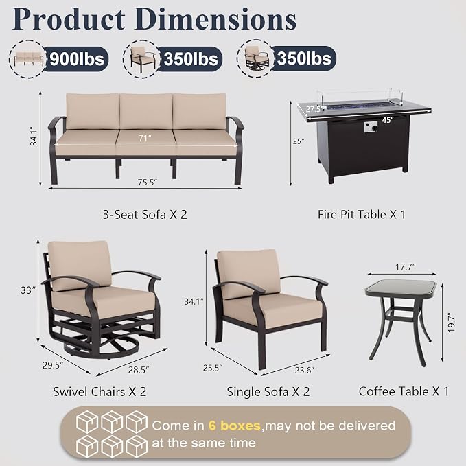 ALAULM Aluminum Patio Furniture Set with Propane Fire Pit Table 10-seat Metal Outdoor Furniture w/Fire Pit Patio Sectional w/5.1" Cushions for Patio, Backyard, Poolside-Sand