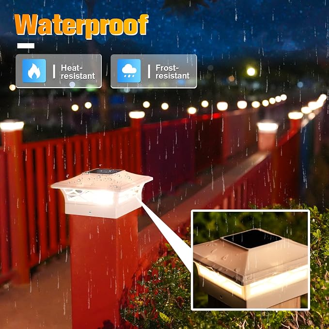 VOLISUN Solar Post Cap Lights: 2 - Pack Outdoor Deck Post Cap Lights White for Dock Fence Waterproof 2 Color Modes,4x4/6x6 Wooden/Vinyl Posts