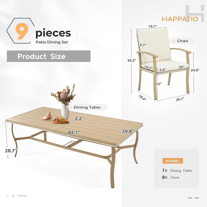 HAPPATIO Aluminum 9 Piece Patio Dining Set - Aluminum Outdoor Dining Set for 8, Patio Dining Table and Chairs Set, Patio Furniture with Table and Chairs (Beige)