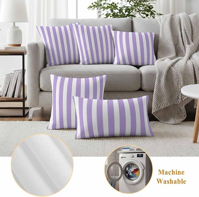 Purple Striped Outdoor Waterproof Throw Pillow Covers 20x20 Set of 2, Modern Farmhouse Purple White Stripes Decorative Pillowcases Cushion Pillowcase for Couch Sofa Patio Outside Pillow Protector