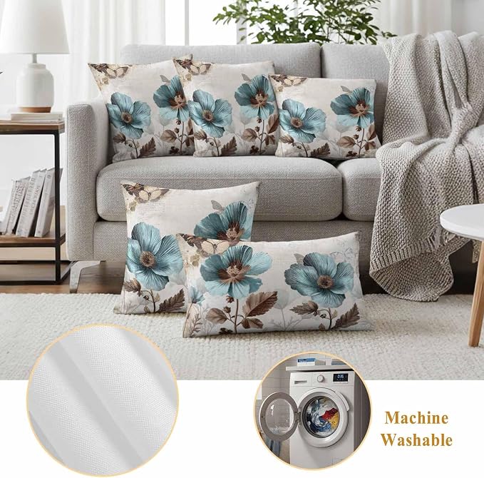 Teal Blue Floral Waterproof Outdoor Pillow Covers 20''x20'' Set of 2, Vintage Brown Flowers Butterfly Plant Patio Furniture Cushion Covers for Chairs, Decorative Pillow Cases for Garden/Pool/Beach