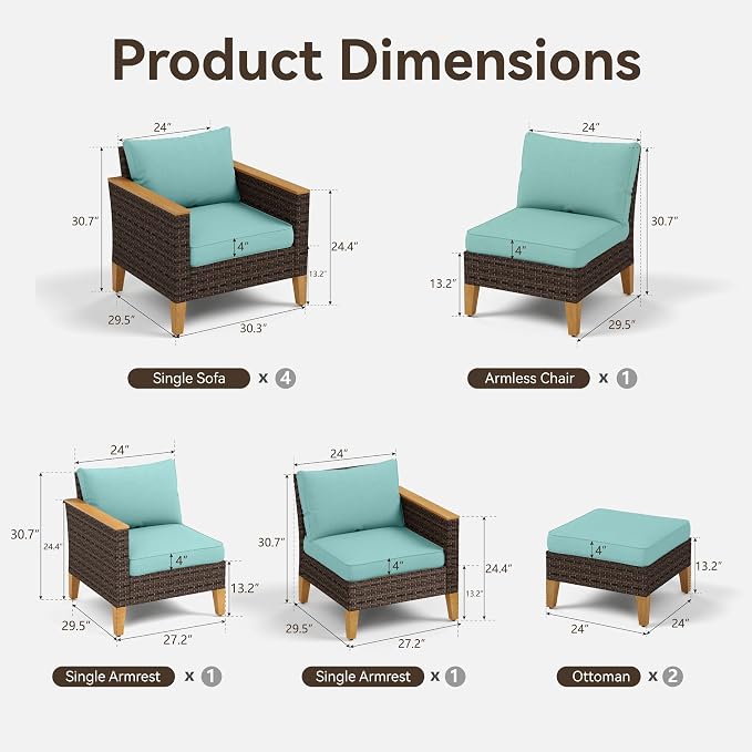 GREEN PARTY 9 Pieces Wicker Patio Furniture Set, All-Weather Outdoor Rattan Patio Sectional Sofa Conversation Set with 4" Thick Cushions for Garden, Backyard, 2 x Ottomans (Blue)