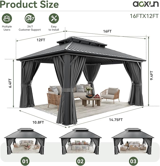 Aoxun 12Ft X 16Ft Hardtop Gazebo, Aluminum Metal Outdoor Gazebo with Breathable Netting and Curtains, Galvanized Steel Double Top, Permanent Patio Pavilion for Backyard, Wedding, Party