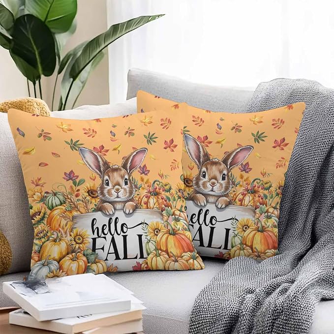 Thanksgiving Rabbit Outdoor Waterproof Pillow Covers, Orange Pumpkins Fall Leaves Flowers Decorative Square Throw Pillowcase Sofa Cushion Sham for Patio/Couch/Chair, 24"x24" 2 Pack