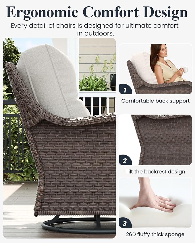 LayinSun 8 Piece Wicker Outdoor Furniture Set with 6-inch Comfy Cushions, High Back Patio Furniture Set with Swivel Rocking Chairs and Fire Pit Table