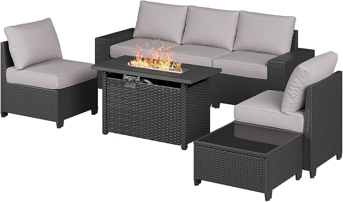 Aoxun Outdoor Patio Furniture Set with 44'' Fire Pit Table, 7 Pcs Outdoor Sectional with 4in Thicken Cushion, Widen Armrests Wicker for Backyard, Grey