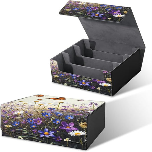 Large Card Deck Box for MTG, Fits 1200+ Sleeved Cards, PU Leather Storage Case with Strong Magnetic Closure, Multiple Colors for TCG CCG Baseball Card Collections, Purple Flower Butterfly