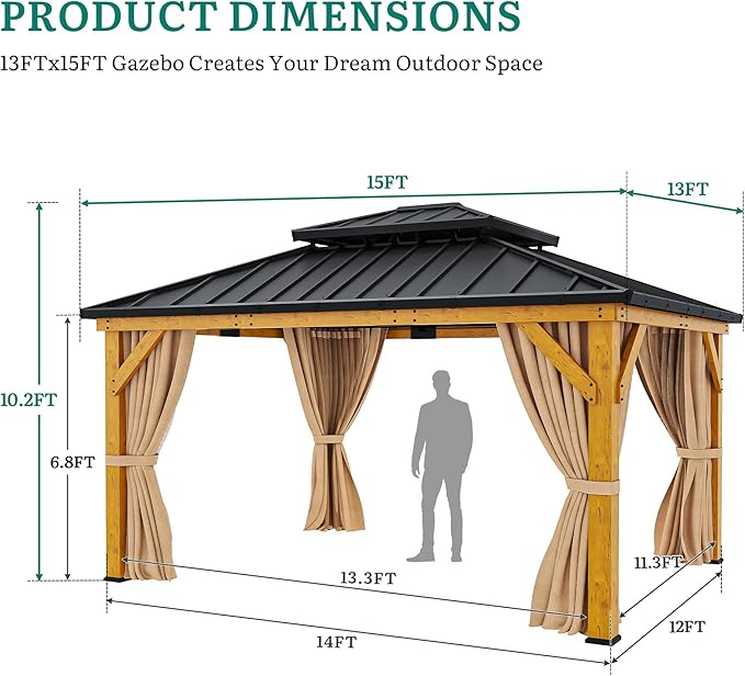 YITAHOME 13x15ft Wood Gazebo Outdoor Wooden Frame Double Roof Hardtop Galvanized Steel Top Canopy w/Curtain and Netting, Patio Heavy Duty Gazebo for Deck, Backyard, Golden