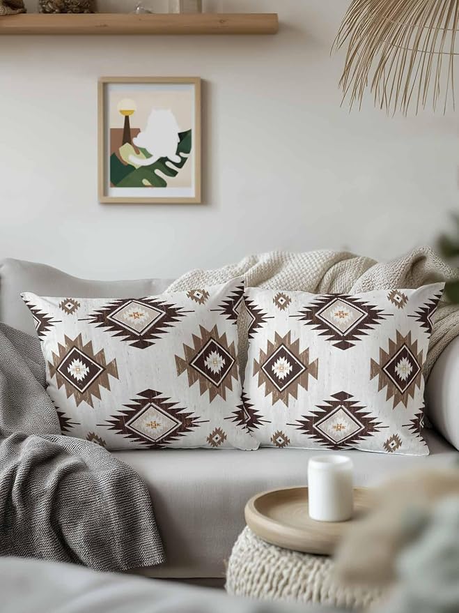 Waterproof Outdoor Pillow 1 Pack Brown Boho Aztec Decorative Throw Pillows Cover & Insert 16x16 Inch Pillowcase Southwest Tribal Style Square Pillows for Couch Sofa Bed Patio Furniture Indoor Outdoor