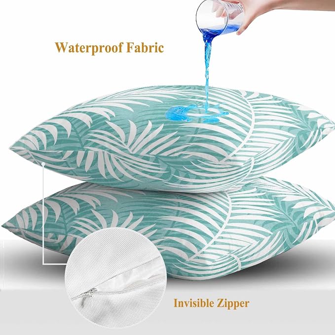 Vandarllin Outdoor Throw Pillows Covers 26x26 inch Set of 2 Waterproof Tropical Palm Leaves Decorative Zippered Cushion Covers for Patio Furniture, Aqua Summer Beach Leaf Lumbar Pillowcases