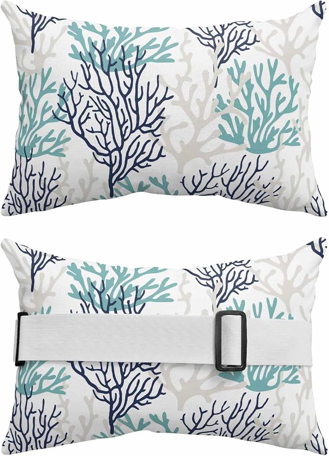 Chaise Lounge Head Resting Pillows,Blue Ombre Coral Summer Ocean Grey Coral Outdoor Chaise Pillows,Waterproof Patio Furniture Pillows with Insert and Adjustable Elastic Strap for Recliner Beach Chair