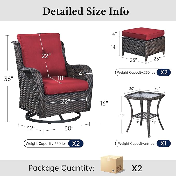 Outdoor Patio Furniture Set-5 Piece Outdoor Swivel Rocker Chairs with Ottomans Patio Furniture Set for Deck Balcony Poolside Backyard-Brown/Red