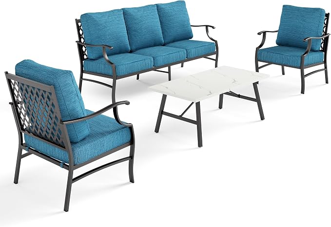 SUNSHINE VALLEY 4 Piece Metal Outdoor Patio Furniture Set, Patio Conversation Set 1 3-seater Sofa, 2 Fixed Chair with 5.75" Extra Thick Cushion and Coffee Table, Black Frame Backyard Furniture, Blue-2