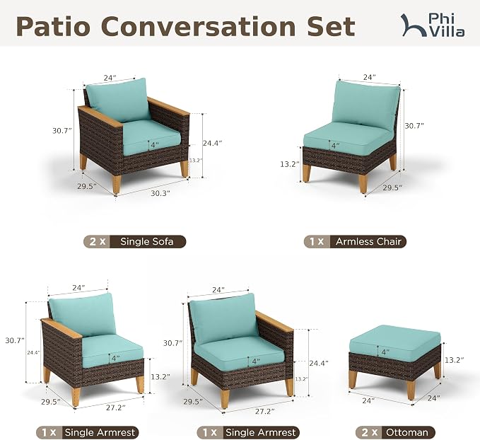 PHI VILLA 7-Piece Wicker Patio Conversation Set, Outdoor Rattan Sectional Pool Furniture Patio Set for 7 Seats with Cushioned 2 x Single Sofa, 2 x Armrest Chair, 2 x Ottoman and 1 x Armless Sofa, Blue