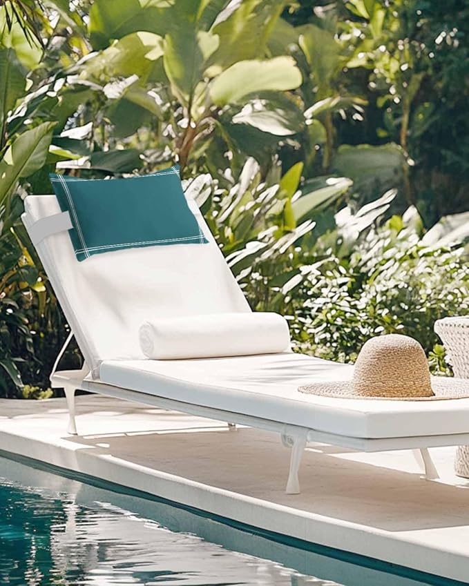 Outdoor Pillow for Lounge Chair with Strap & Insert Solid Color Recliner Head Pillow Turquoise Waterproof Headrest Patio Lumbar Pillows for Beach Pool Office Chaise Chair 11x16 Inch