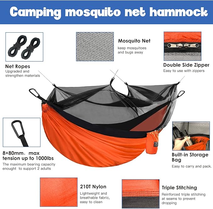 Gold Armour Camping Hammock - Camping Essentials, Double Hammock with Bug Net, Camping Gear Hammock for Outside, Hiking, and Travel (Orange & Black)