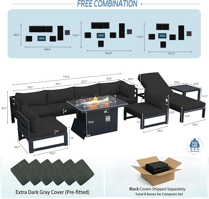 NICESOUL 9 Piece Oversized Modular Aluminum Outdoor Furniture Set with Chaise Lounge, 29" Deep and Wide Sectional Seating, 500 lbs High Weight Capacity Patio Conversation Set for Poolside Deck, Black