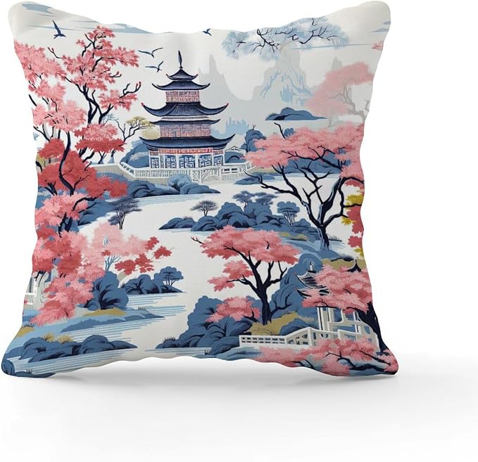 Chinoiserie Pagoda White Coral Blue Pillow Cover Chinoiserie Chic Asian Cushion Cover 16x16 INAbstract Accent Outdoor Garden Decoration for Couch Sofa Patio