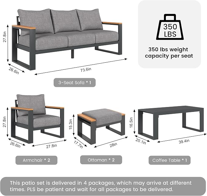 Sundale Outdoor Aluminum Patio Furniture Set, 6 Piece Outdoor Conversation Sets with Coffee Table and 6" Thick Olefin Cushions, All Weather Outdoor Sectional Set for Deck, Lawn, Yard