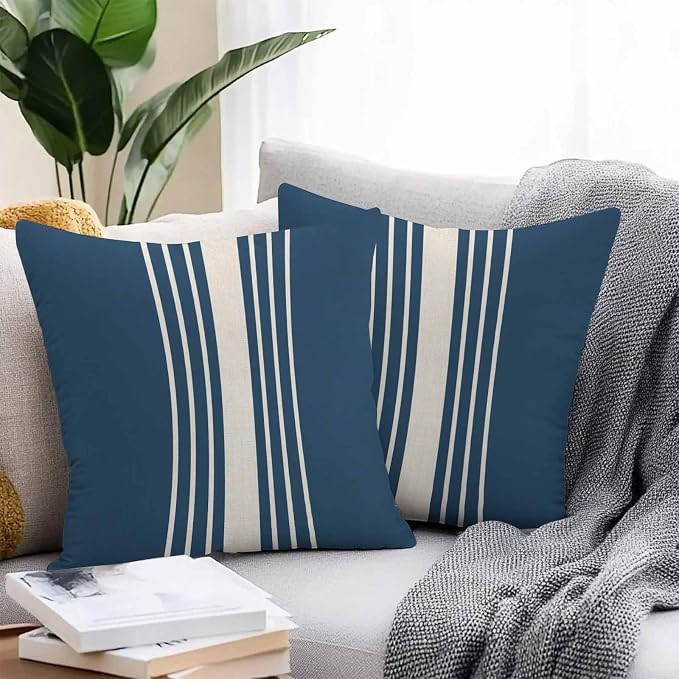 Outdoor Waterproof Pillows Cover Pack of 2 Modern Blue Striped Burlap Texture Decorative Pillowcases with Zipper Cushion Case for Patio Tent Couch Garden 20 x 20 Inches