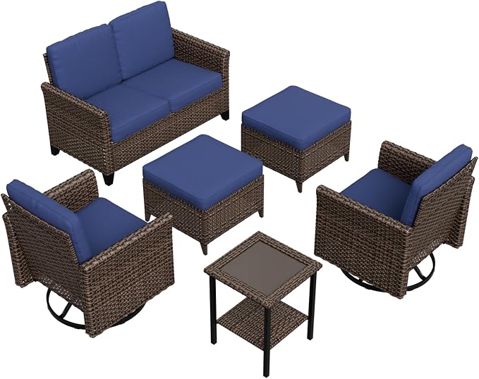 COOS BAY Harbor Retreat 6 Piece Outdoor Furniture Set, Patio Conversation Set with Swivel Rocking Chairs, 2 Seat Loveseat, Side Table and Ottomans, Wicker Furniture, Brown/Blue