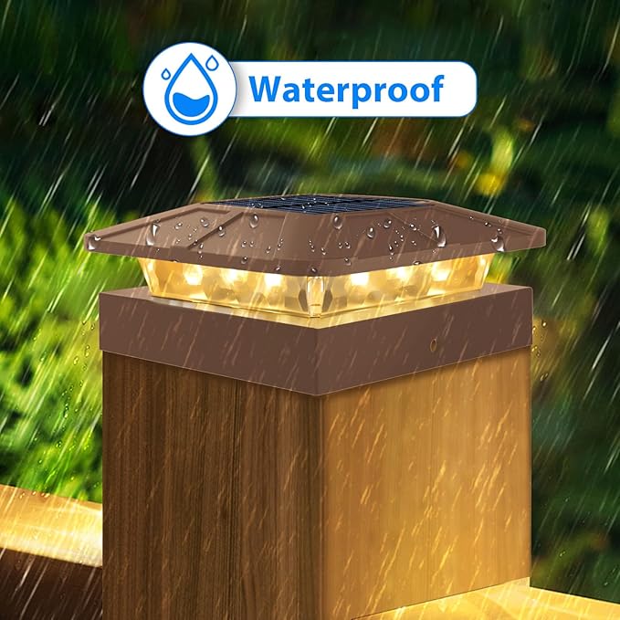 6 Packs 4x4 Post Solar Lights with 3 Modes, Waterproof LED Solar Cap Lights for 4×4/3.5×3.5 Wood/Vinyl Posts, Brown Post Top Lighting Outdoor for Fence Deck Mailbox Porch Railing