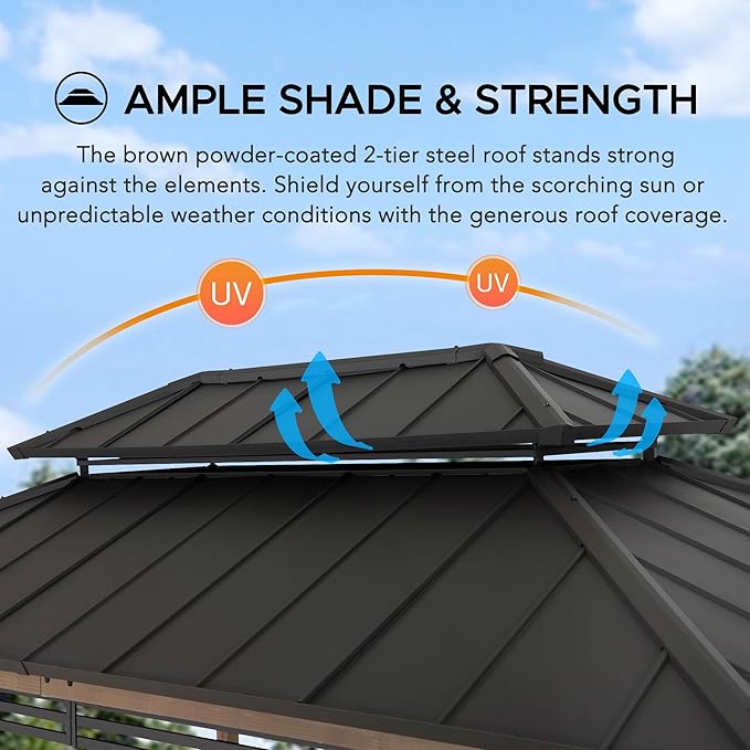 Sunjoy Wooden Grill Gazebo with AC Power Port, 8 x 12 ft. Steel Hardtop Outdoor Cedar Framed Gazebo for Year-Round Grilling, with Built-in Electrical Outlets and Decorative Fence, Brown