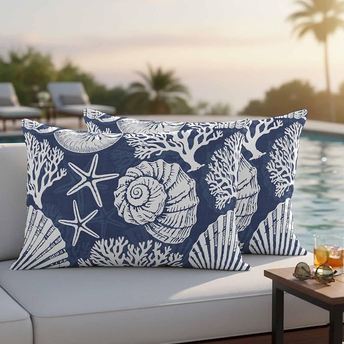 Lumbar Pillow Covers 20x12 Inch Set of 2, Navy Blue Starfish Coastal Waterproof Outdoor Pillow Covers, Summer Coral Shell Beach Nautical Decorative Cushion Pillowcases for Couch Sofa Bed Garden Patio